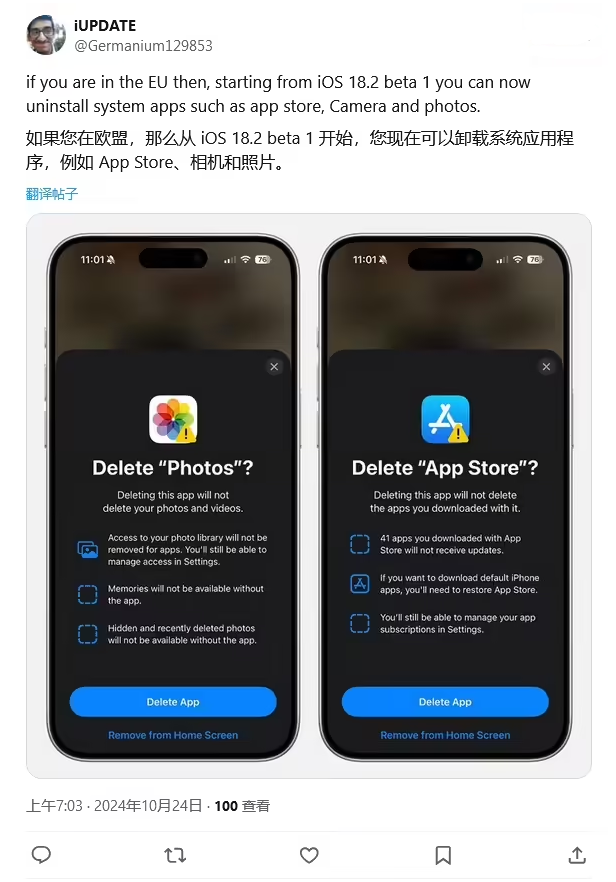 排浦镇苹果手机维修分享iOS 18.2 支持删除 App Store 应用商店 