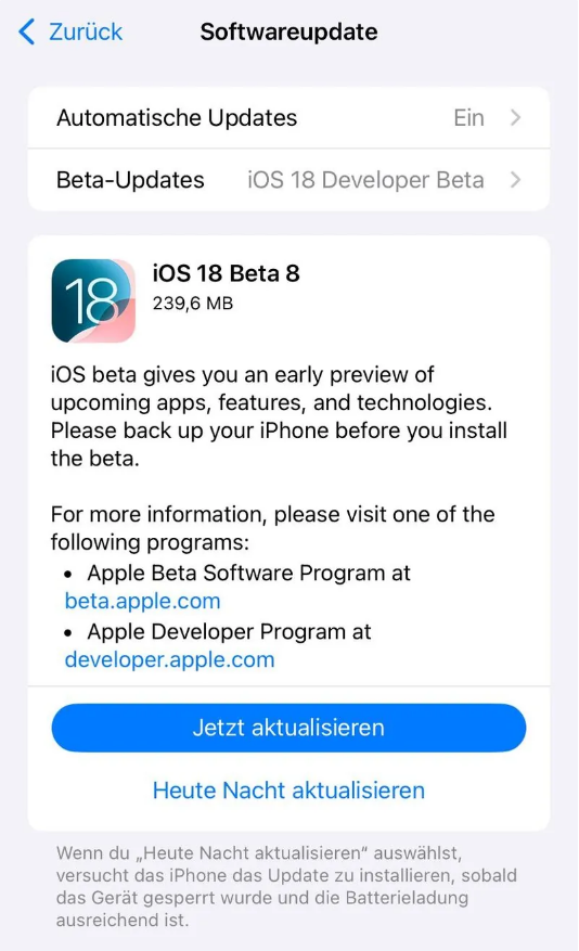 排浦镇苹果手机维修分享苹果 iOS / iPadOS 18 开发者预览版 Beta 8 发布 